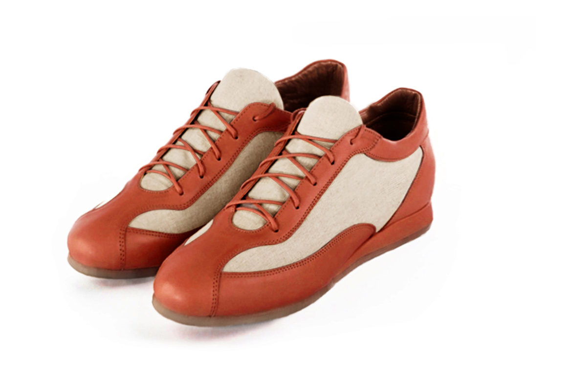 Terracotta orange and natural beige women's two-tone elegant sneakers. Round toe. Flat wedge soles. Front view - Florence KOOIJMAN